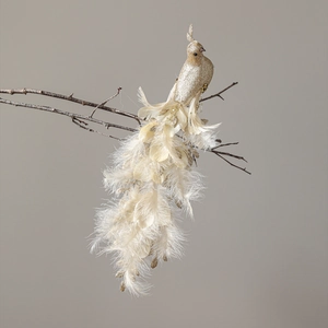 Golden peacock bird ornament with white feathers for Christmas tree and garden decoration