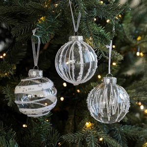 Set of 3 transparent 8cm Christmas balls with white pearl stripes and silver ribbon hangers