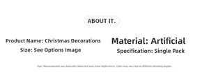 Christmas wreath specifications showing simulated material and single piece packaging details