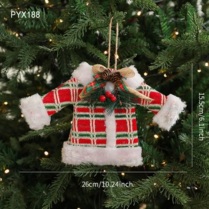 Red plaid knit mini sweater Christmas tree ornament with pine cones and berries