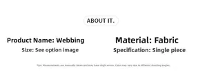 Detailed ribbon product specifications including fabric material and sizing information