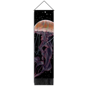 Detail of artistic jellyfish wall tapestry with glowing tentacles and black silk tassels