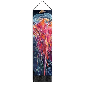 Detailed view of dreamy jellyfish tapestry with wooden pole and black tassel fringes