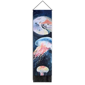 Detail of a dreamy jellyfish tapestry with glowing moon and stars and bottom fringe