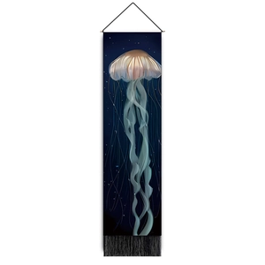 Detail of glowing jellyfish tapestry with elegant black fringe and hanging rod