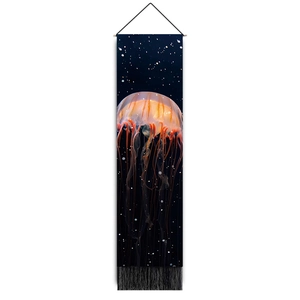 Vertical jellyfish wall tapestry with starry ocean background and black tassel fringe
