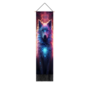 Detail des 3D-Wolf-Wandteppichs mit leuchtendem Fell und schwarzen unteren Quasten