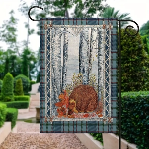 Bandiera da giardino in lino con riccio autunnale e supporto metallico decorativo