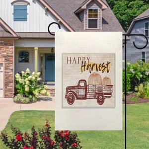 Bandiera da giardino in lino con camion di zucche e scritta Happy Harvest per autunno