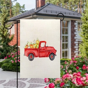 Bandiera da giardino del Ringraziamento in lino con camion di zucche e supporto