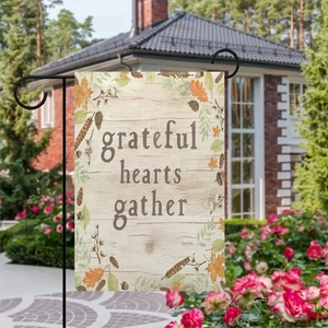 Grateful hearts gather linen garden flag with autumn leaves for Thanksgiving decor