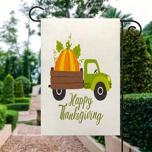 Bandiera da giardino per il Ringraziamento in lino con camion verde, zucche e auguri