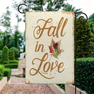 Linen autumn garden flag featuring 'Fall in Love' text with maple leaf and metal stand