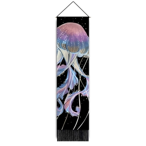 Vertical wall tapestry with a colorful glowing jellyfish design and black fringe details