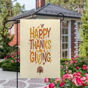 Outdoor Thanksgiving garden flag with pumpkin and turkey pattern on burlap texture
