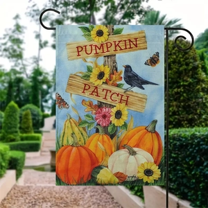 Thanksgiving garden flag with pumpkin patch watercolor design and black metal stand