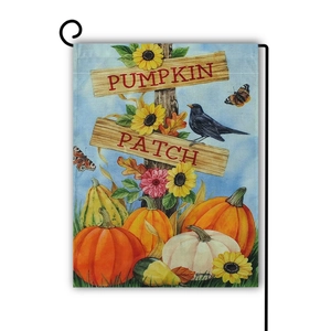 Outdoor garden flag with pumpkin patch design, sunflowers, and black metal stand hanger