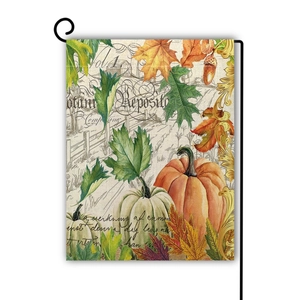 Detail of autumn garden flag featuring realistic pumpkin and vintage botanical design