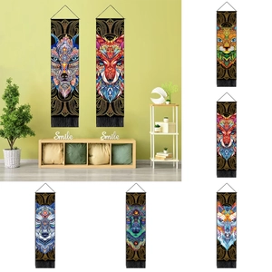 Bohemian Animal Mandala Wall Hanging Tapestry With Wood Pole Tassel Fox Wolf Cat Pattern Polyester Cotton Decor For Home