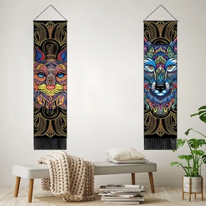 Bohemian wall tapestry with geometric cat and wolf designs and black tassels for home decor