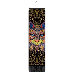 Bohemian colorful cat tapestry with mandala patterns and decorative black tassels
