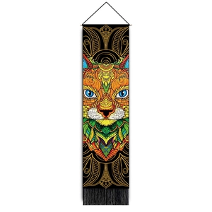 Detailed mandala cat tapestry featuring wooden hanger and black tassels on white background