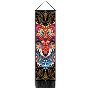 Vertical wall tapestry with geometric colorful fox pattern, wooden rod and black tassels