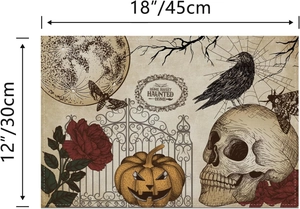 Detailed 18x12 inch Halloween placemat featuring vintage skull and pumpkin illustrations
