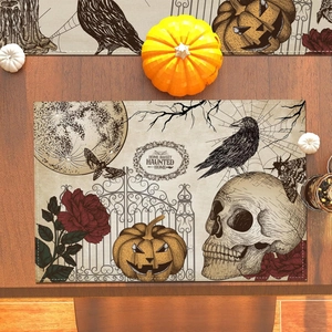 Halloween placemat featuring skull and pumpkin design with Home Sweet Haunted Home text