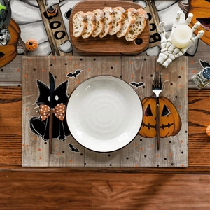 Halloween placemat and table runner set featuring pumpkins and black cat on wood texture