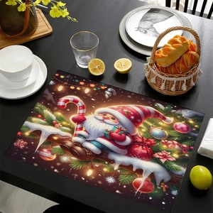 Cartoon Santa Claus Christmas placemat set on a dark wood table with festive dinnerware