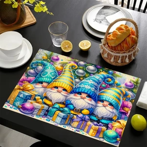 Detailed close-up of a Christmas gnome placemat on a wooden table with festive decor