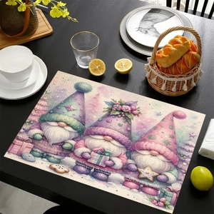 Detailed close-up of Christmas gnome placemat on a dark wooden table with tableware