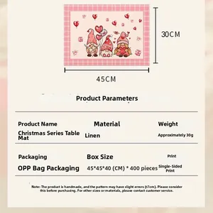 Linen table mat with gnome heart print and red plaid border, size 30x45cm detail view