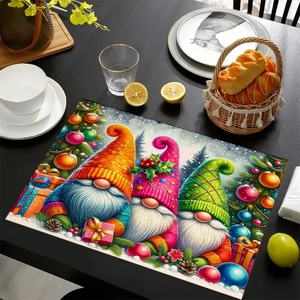 Detailed view of rectangular Christmas gnomes placemat on dining table with holiday decor