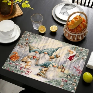 Close-up of Christmas placemat with gnomes and forest animals on a rustic wooden table