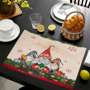 Close-up of Christmas gnomes placemat on wooden table with holiday party decorations