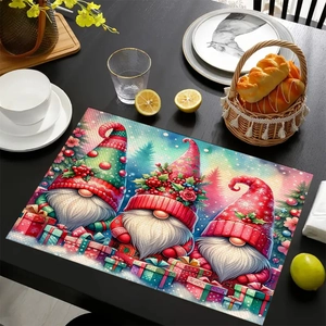 Detail of Christmas gnome placemat featuring festive gifts on a rustic black wood table