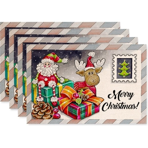 Set of 4 Christmas linen placemats with Santa Claus and reindeer festive illustration