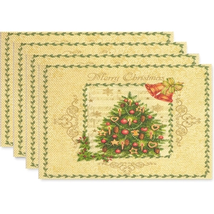 Set of four linen Christmas placemats featuring festive trees and Merry Christmas text
