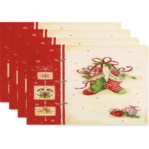 Detail of four Christmas linen placemats showing reindeer and festive stocking patterns
