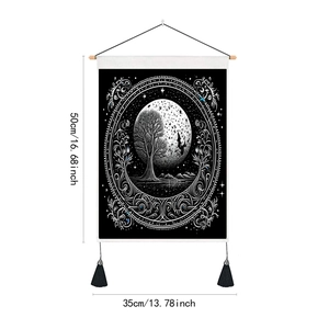 Black and white Life Tree tapestry with tassels, 35x50cm canvas wall hanging for home decor