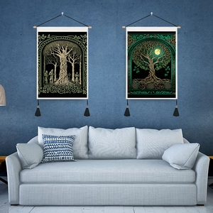Set of two Tree of Life tapestries with gold and green patterns on black fabric
