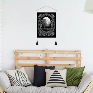 Black and white tree of life tapestry with crescent moon and tassels for home wall decor