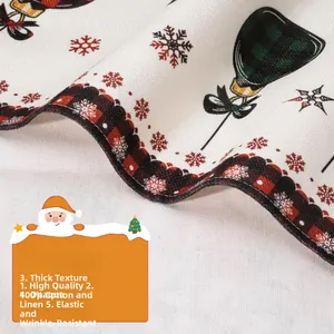 Close-up of thick 100% cotton linen fabric with Christmas snowflake and ornament prints