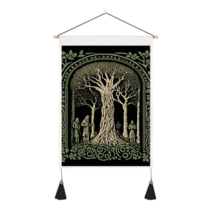 Detailed view of Tree of Life tapestry with wooden rod and black tassels for home decor