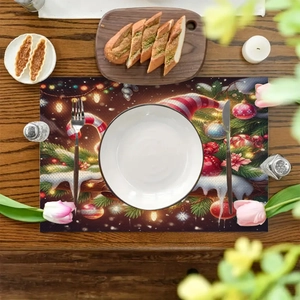 Christmas placemat featuring Santa Claus and tree patterns on a wooden dining table