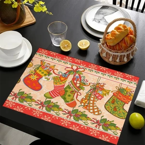 Christmas placemat with festive stockings print on a rustic wooden dining table setting