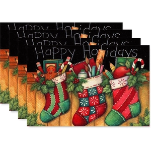 Set of 4 Christmas linen placemats with Santa stockings and Happy Holidays print