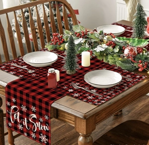 Classic red and black buffalo plaid Christmas table runner and placemat set for festive dining